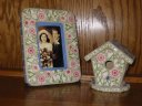 Pink and white picture frame and bird house created using pique method